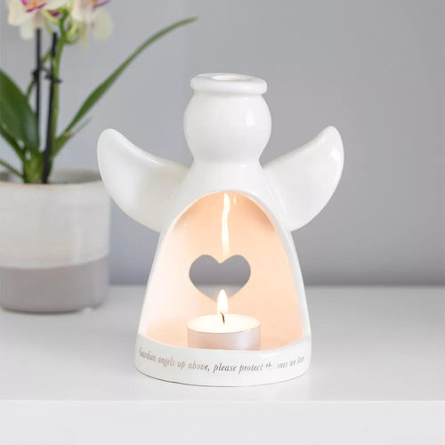 White Ceramic Guardian Angel Tealight Candle Holder - SALE ITEM